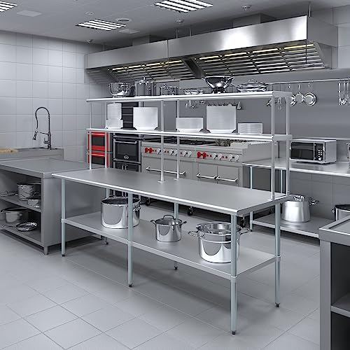 Image of AmGood Stainless Steel Work Table with 12 inch Wide Double Tier Overshelf | Metal Kitchen Prep Table & Shelving Combo | NSF (Stainless Steel Table with Double Overshelves, 96 inch Long x 30 inch Deep)