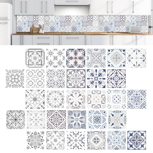 ZACUDA Vinilo Adhesivo para Azulejos de Cocina, 30 Pegatinas Decorativas para Azulejos de Baño de 15 x 15 cm Baldosas de Vinilo Autoadhesivas Impermeables para Decorar Muebles Escaleras Suelos