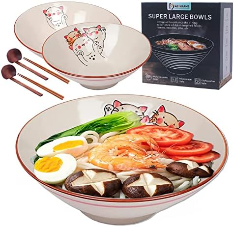 NJCHARMS Ceramic Japanese Ramen Noodle Soup Bowl, 2 Sets (6 Piece) 42 Ounce, with Matching Spoon and Chopsticks for Udon Soba Pho Asian Noodles (8 inch, Beige)