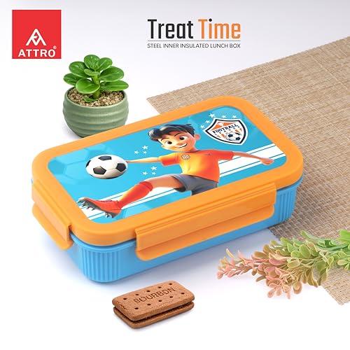 Image of ATTRO Treat Time Stainless Steel Insulated Lunch Box with Inner Steel Body, Airtight 4-Side Lock Lid, Leakproof Silicone Seal, Small Container-560ml+150ml-Football Champ Blue