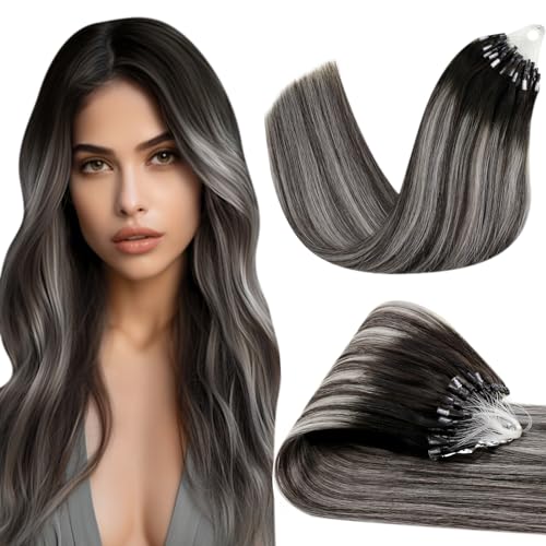 Hetto Micro Beads Hair Extensions Balayage Black Mix Silver 22 Inch, Straight Micro Rings Real Human Hair Prebonded