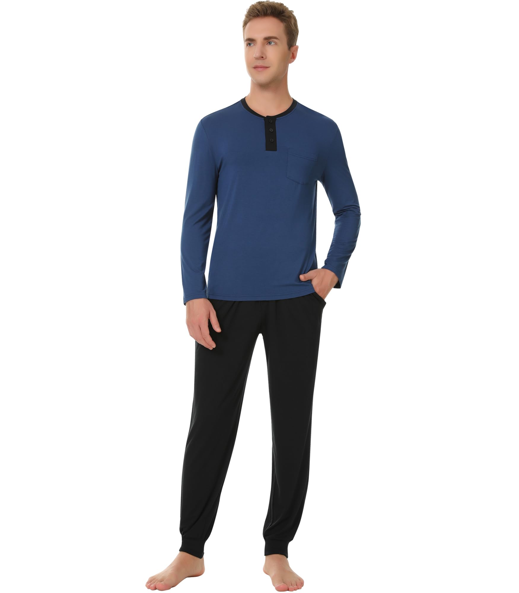 NACHILA Mens Pajamas Set Viscose Made from Bamboo Henley Top Sleep Pants