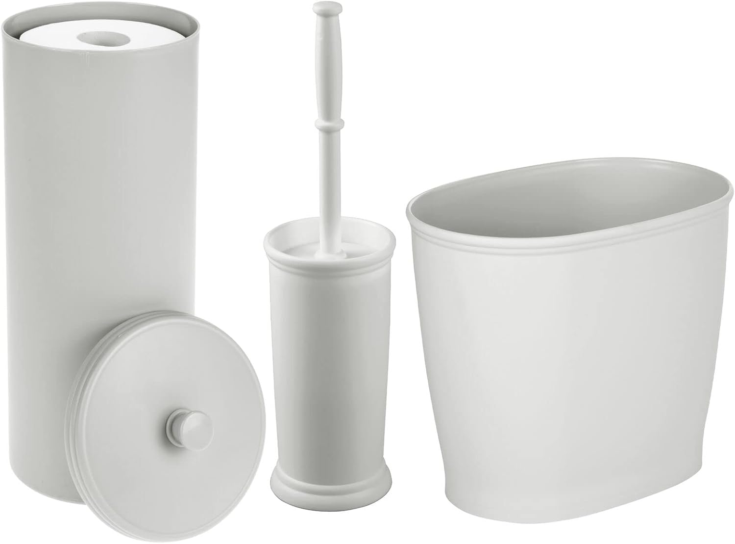 mDesign Plastic Modern Bathroom Storage and Cleaning Accessory Set - Includes Bowl Brush, 3-Roll Toilet Paper Canister, Wastebasket Trash/Garbage Bin - Hyde Collection - 3 Pieces - Stone/Light Gray