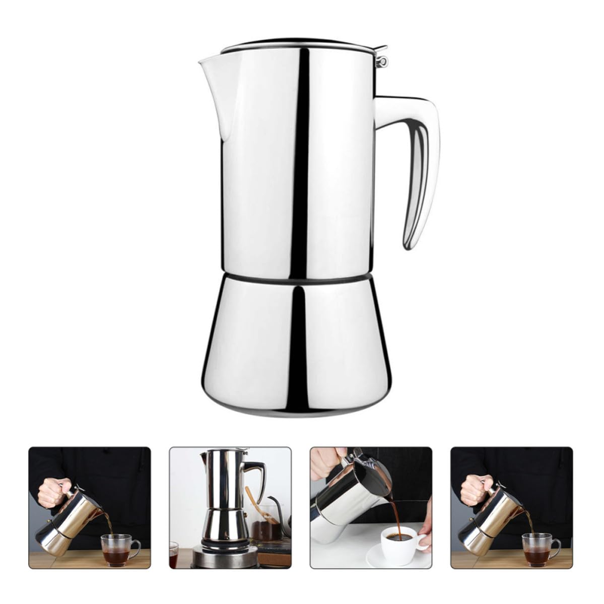 Cafetera Moka de Acero Inoxidable 304 para Café Expreso | Plata, Apta para Inducción y Llama Abierta, Agarre Estilizado, Uso en Café y Oficina
