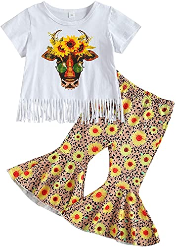 Image of wdehow Toddler Baby Girl Clothes Set Long Sleeve Tassel T-Shirt Top Bottom Sunflower Flare Pants 2pcs Spring Summer Outfits (Yellow, 1-2T)