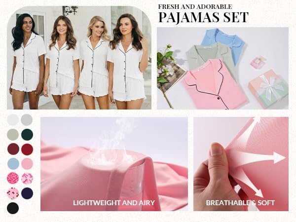Image of Ekouaer Womens Pajama Sets Button Down Short Sleeve Top and Shorts Cute Ruffled Pjs Sets Sleepwear