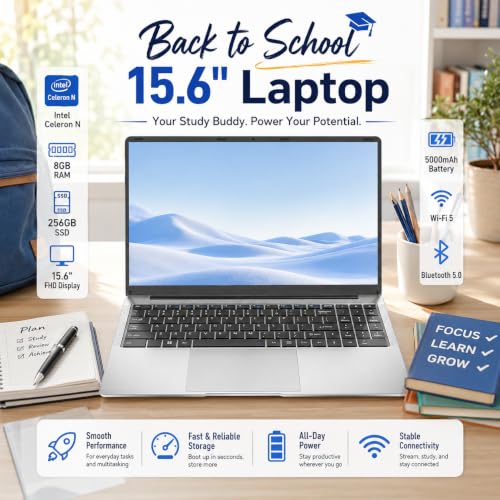 Image of 15.6 inch FHD IPS Laptop - 8GB RAM 256GB SSD, 4-Core Celeron N, Work Laptop Computer, USB 3.0, Win 11, Wi-Fi 5, BT5, Numpad, for Home Student and Business
