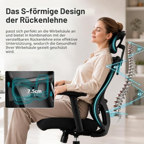 Durrafy Bürostuhl, Schreibtischstuhl mit verstellbarer Kopfstütze, Armlehnen...