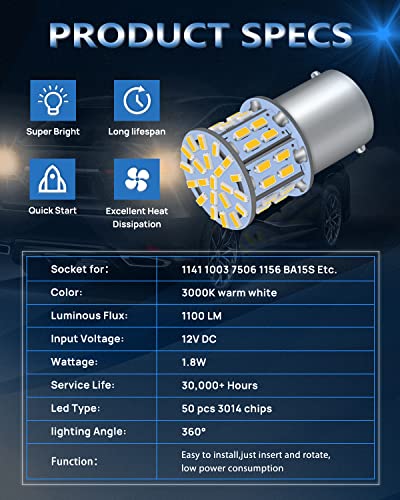 Jeflym 1156 Led Bulb Rv Led Light Interior 12V 1141 1003 7506 Ba15S Led Bulb Warm White Super Bright，12 Volt Led Light 3014 50Smd Replacement For Rv Camper Trailer Boat Exterior Light Bulb(10Pcs) #TOP2