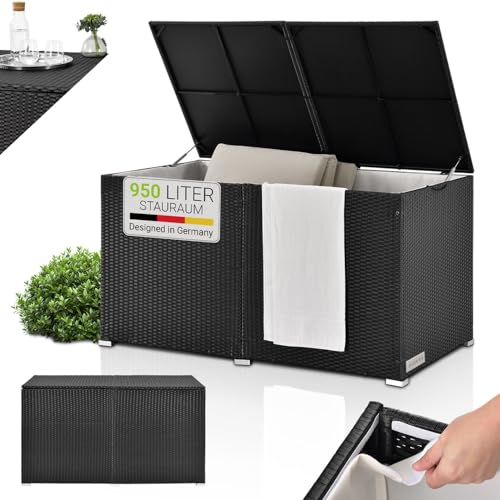 Juskys Polyrattan Auflagenbox Ikaria 950 L inkl. Deckel mit Hubautomatik & Innenplane - Kissenbox...
