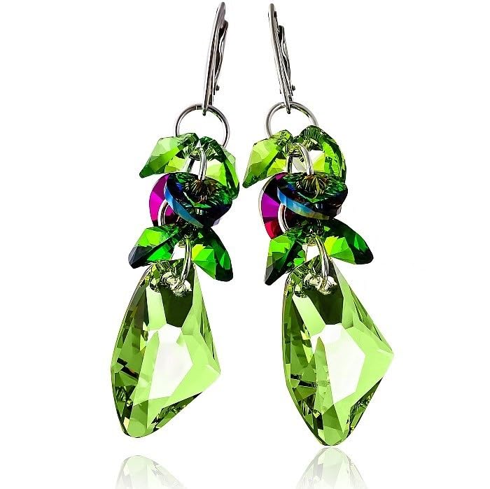 Boucles d'oreilles cristaux Galactic Green d'Arande, l'excellence de l'argent 925 certifié