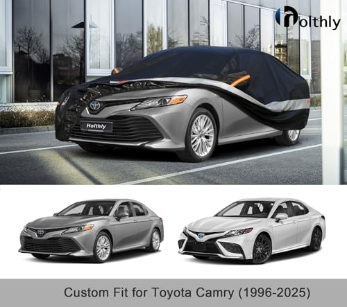 Image of Holhtly Car Cover Custom Fit for Toyota Camry, Car Covers for Automobiles All Weather Waterproof Sun Snow Rain Wind Dust Protection, Outdoor Car Cover Black & Grey