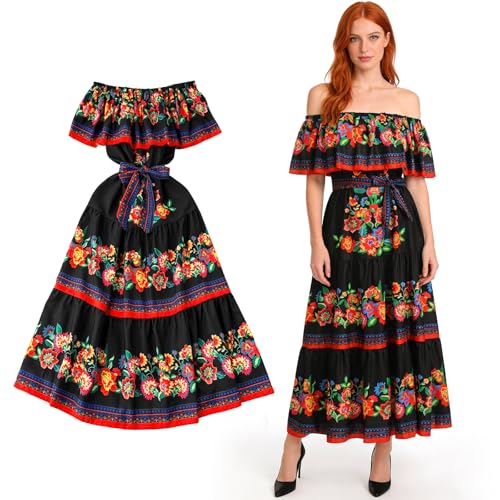GOUYENG Robe Longue D'été à épaules Dénudées,Robe Mexicaine pour Femme,Robes D'été Longue Style Bohème,Robes Mexicaine Femme Épaules,pour...