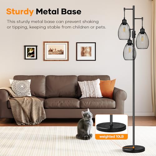 Image of Dimmable Floor Lamp,3x800LM LED Bulbs Included, Farmhouse Industrial Floor Lamp Standing Tree Lamp with Teardrop Cage Head Tall Lamp for Living Room Bedroom Office Dining Room - Black & Marble Base