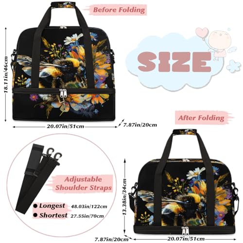 Flower Animal Bee Travel Duffle Bags With Shoes Compartment for Women Men Weekender Overnight Bag Foldable Sports Tote Gym Carry On Luggage Handlebag for Travel Yoga Hospital Workout2