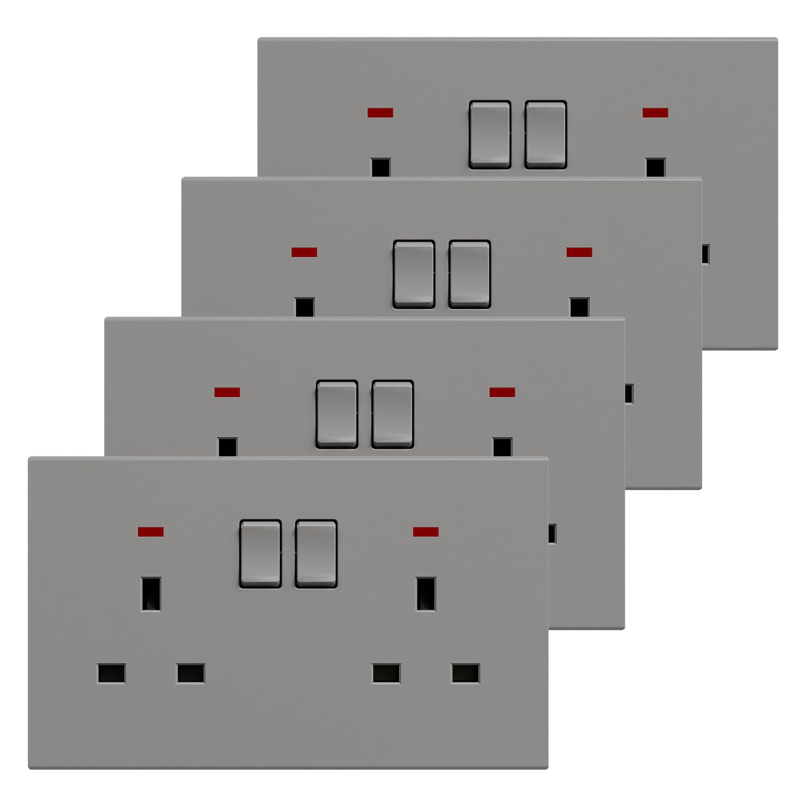 BSEED Double Socket 4 Pack, Electrical Double Switched Power Plug Wall Socket with LED Indicator, PC Wall Plate Outlet, Grey, 13A