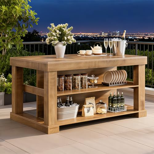 Image of Tribesigns Kitchen Island with Storage, 55-Inch Farmhouse Stationary Island Table with Large Countertop, 3-Tier Wooden Coffee Bar Table for Kitchen, Dining Room, Rustic Brown