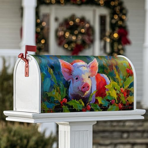 Copertura magnetica per cassetta postale a forma di maiale, con foglie di agrifoglio e foglie di agrifoglio, protezione per esterni, decorazione da giardino, cortile, 45 x 53 cm