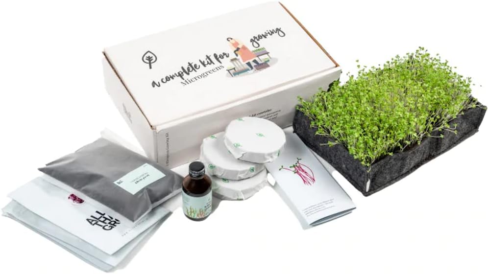 AllThatGrows Complete Microgreen Growing Kit - 4 Varieties Of Microgreen Seeds - 4 Reusable Grow Bag Trays - 4 Cocopeat Soil Discs - 1 Bag Of Organic Vermicompost - 1 Bottle Of Organic Seaweed Extract