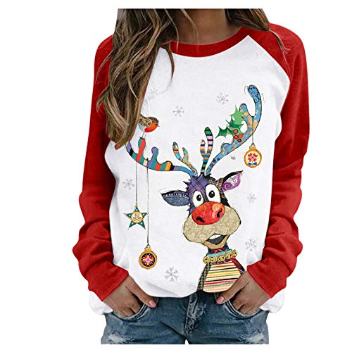 Christmas Shirts for Women Plus Size Xmas Ugly Print Long Sleeve Baseball T-Shirt Crewneck Casual Graphic Top Sweatshirt