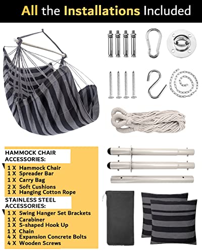 Image of XXL Hammock Chair Hanging Rope Swing with 2 Cushions - Max 500lbs-Perfect for Patio, Porch, Bedroom, Backyard, Indoor or Outdoor - Includes Hanging Hardware Kits
