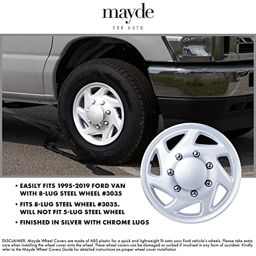 Mayde 16-Inch Hub Caps fits 1995-2019 Ford Van, Replacement Wheel Covers (Set of 4, Silver with Chrome Lug Covers) - Image 3