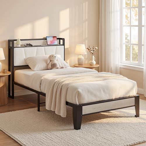 Image of LIKIMIO Twin XL Bed Frames, Boucle Storage Headboard with Charging Station, Solid and Stable, Noise Free, No Box Spring Needed, Easy Assembly