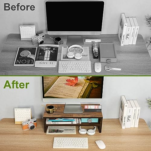 Image of TEAMIX 20 inch Monitor Riser Stand - 2 Tiers, Wood Rustic Desktop Bookshelf | Laptop /PC /Printer /Keyboard Storage, Ergonomic Design, 15mm thick Sturdy Wood Boards, TV Stand, Home Office Desk Accessories