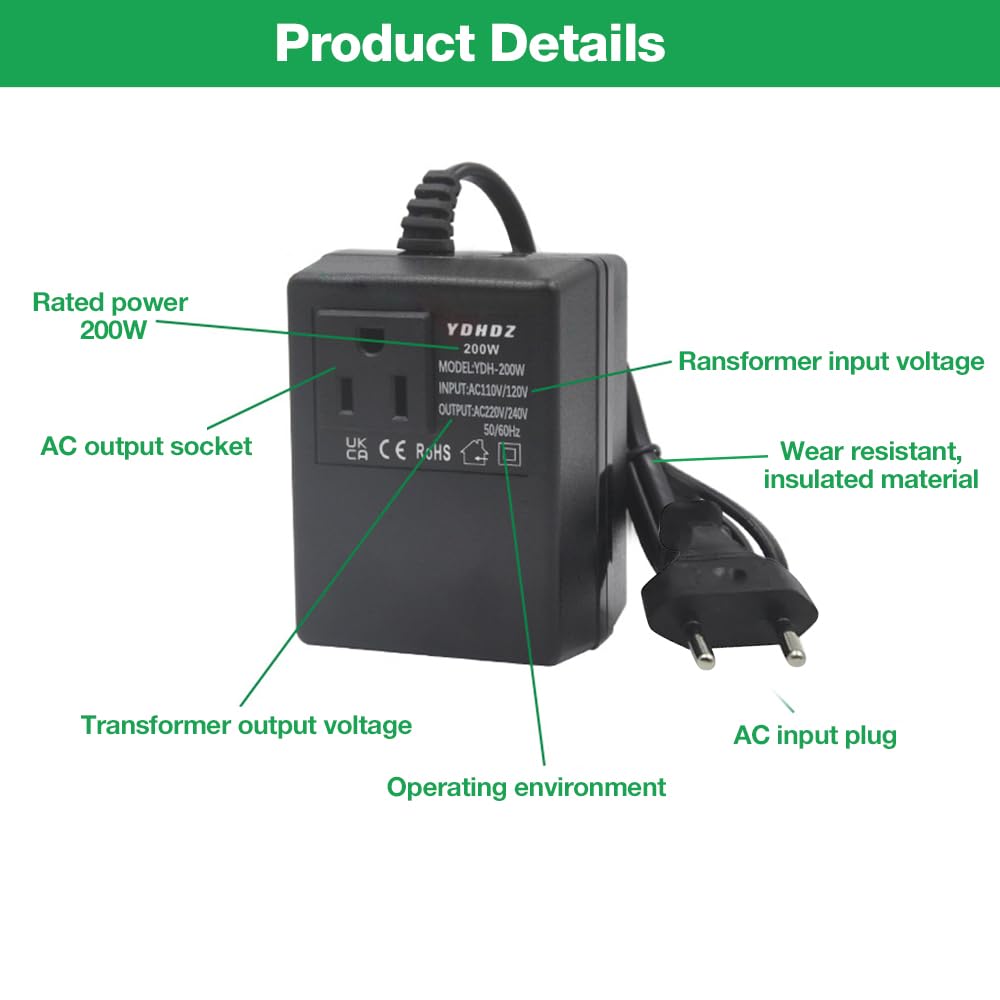 Spannungswandler Transformator 220V auf 110V, 200W Netzadapter Schritt Runter Stromkonverter, Reisestromadapter Spannungswandler mit EU Stecker für Luftreinigern verwendet,Computern Minikameras