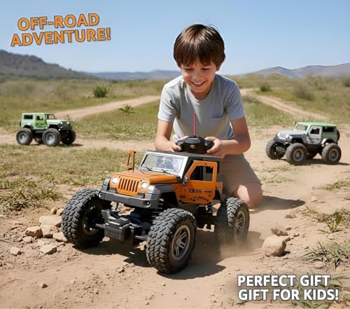 Image of Remote Control Off Road Rock Climbing Car for Kids, Rechargeable Thar Toy with Mist Spray, Openable Doors, Front LED, Shock Absorbers, Mobile Connect, USB-C Port & 75ft Range (Red)