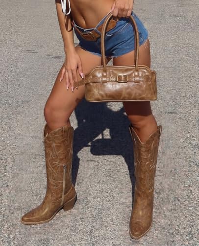 Image of Pasuot Western Cowboy Boots for Women - Knee High Wide Calf Cowgirl Boots, Slip On Pointed Toe Chunky Heel Fashion Retro Classic Pull On Tall Boot for ladies Party concert