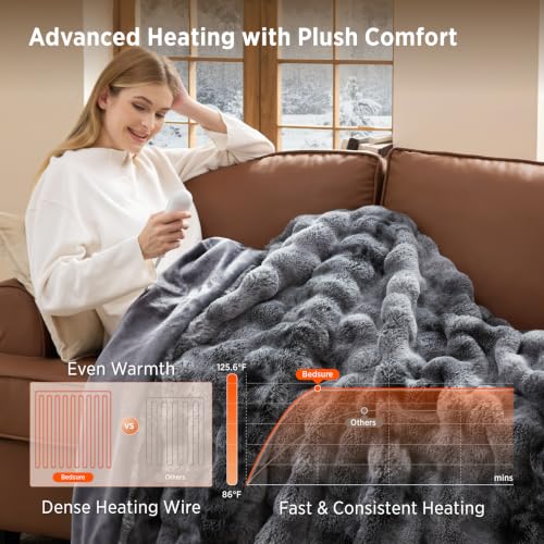 Image of Bedsure Bubble Faux Fur Heated Blanket Electric Throw, Tie-dye Dark Grey
