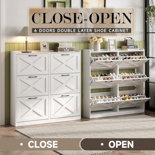 Image of Maupvit Large Shoe Storage Cabinet with 6 Flip Drawers, Freestanding Shoe Organizer with Metal Handles for Entryway, Narrow Shoe Rack Cabinet, White