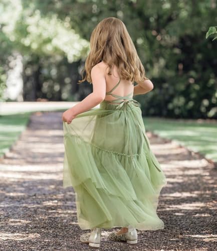 Boho Flower Girl Dress Tulle Strap Backless Layered Girls Beach Wedding Party Maxi Gown3