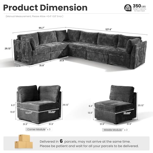 Image of ovios Modular Sectional Sofa Couch with V-Shape Chaise Convertible, Comfy Plush Corduroy Cloud Couches, Modern Luxury Deep Seat Sofas Set for Living Room, 6-Seater, Grey