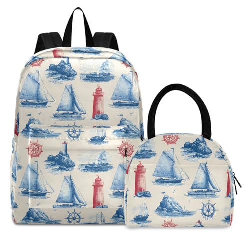 Nautical Pattern Print Backpack Set with Lunch Bag, Large Capacity Travel Backpacks and Lunch Box Insulated for Commute Hiking Picnic