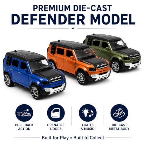 Image of 1:32 Scale Defender Die-Cast Metal Model Car with Pull Back Action, Openable Doors, LED Lights & Music, Alloy Collectible SUV Toy Car for Kids Boys Girls, Birthday Return Gift