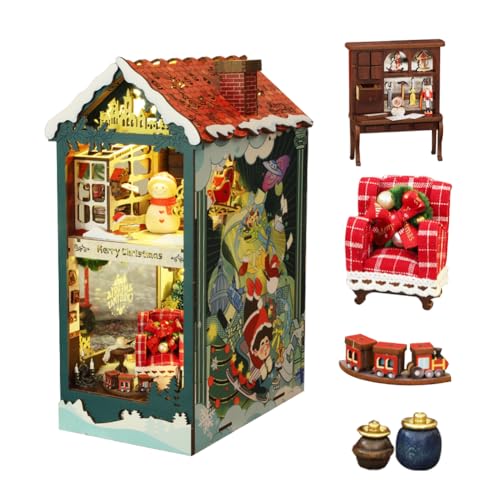 DIY Book Nook Kit Miniature Christmas Dollhouse Furniture with LED Light Accessories Bookends Book Stand Puzzle Model Hands Craft Kid Teen and Adult Build Gift