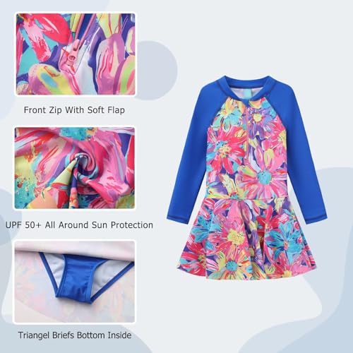 Image of Aisyee Girls One Piece Swimsuits Swim Dress for Girls Long Sleeve Rash Guard Bathing Suits Hawaiian Skirt Swimwear 3-16 Years