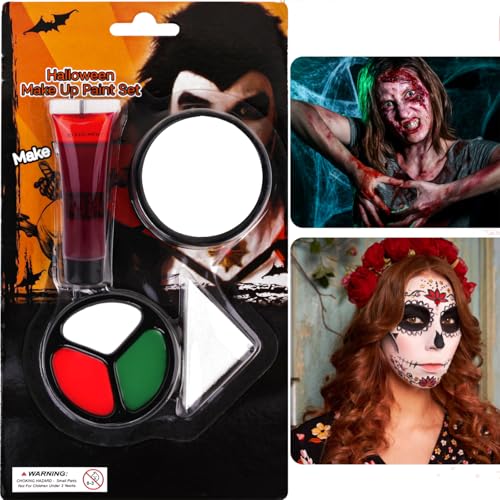 Face Body Paint Set, Halloween Cosplay SFX Makeup Black White Green Cream + Fake Blood, Washable Formula Face Painting, Ideal for Halloween, SFX, Theater, Cosplay, Parties and Costume
