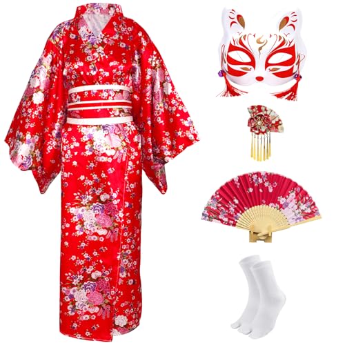 CRFASIBE 5 Pièces Ensemble Kimono Japonais Femme, Yukata avec Accessoires