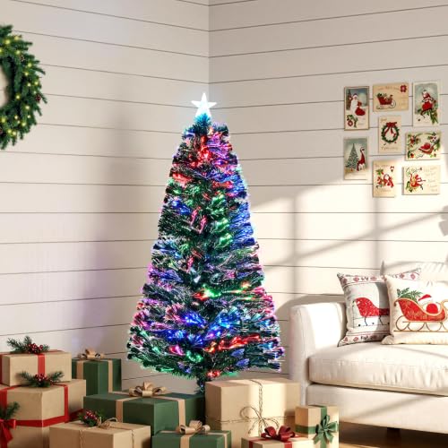 Image of Yaheetech 5FT Artificial Fibre Optic Christmas Tree with Multicolour Lights