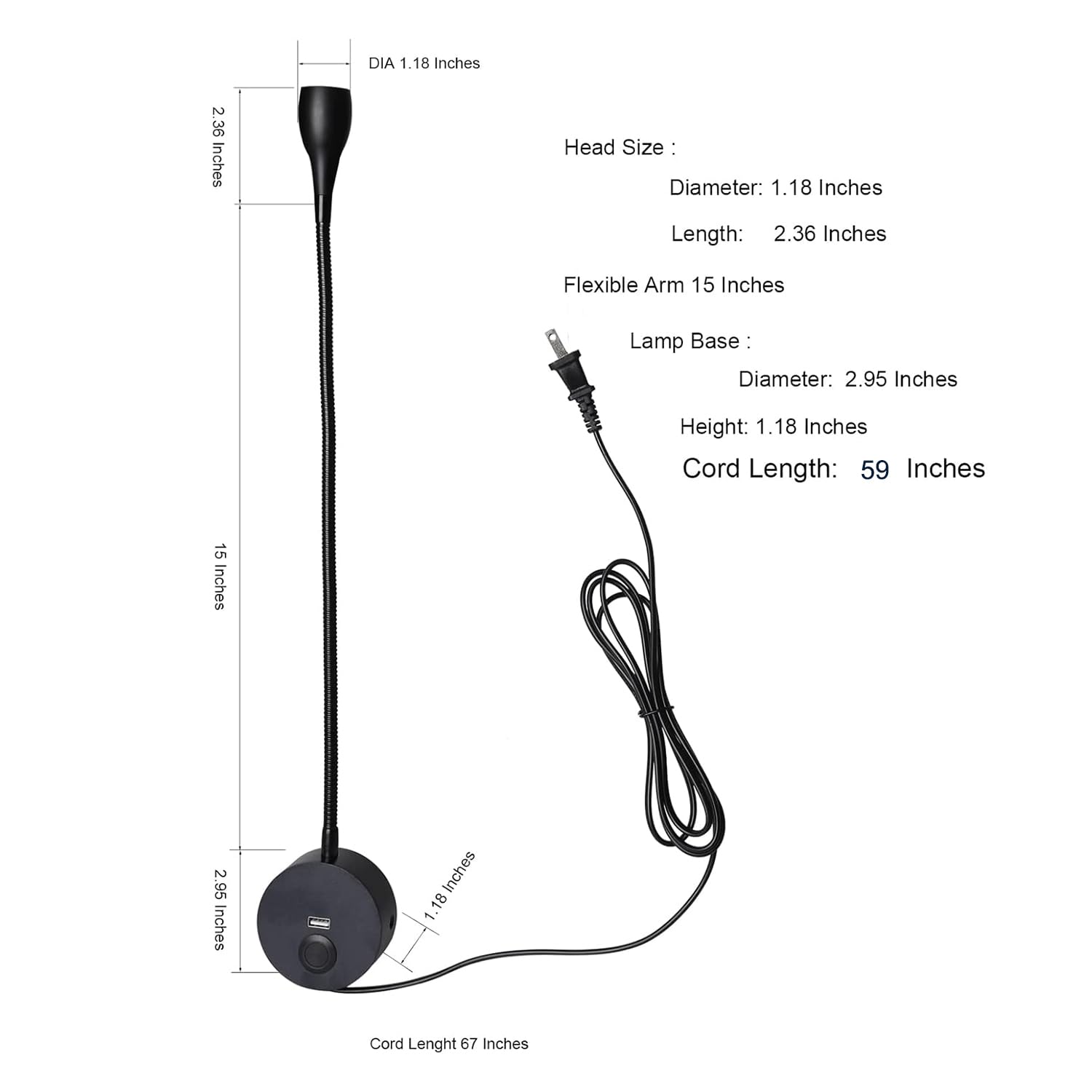Lámpara de Lectura de Pared con Cuello de Cisne e Interruptor, lámpara de Cama LED de Pared, Regulable táctil con Puerto de Carga USB, luz Ajustable de 3000 a 6000 K, luz de Lectura de Pared para