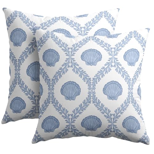 Light Blue Coastal Pillow Covers 18x18 Set of 2 Ocean Coral Shell Pattern Outdoor Decorative Linen Summer Throw Pillows Cases with Zipper Cushion Cover Rustic Decoration Farmhouse Sofa Couch Bed Decor