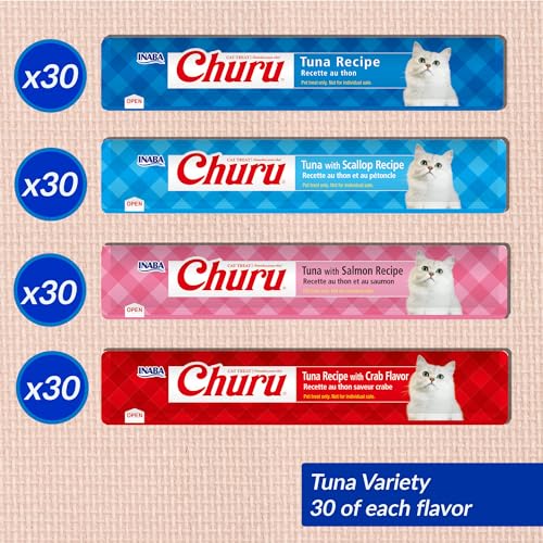 Image of INABA Churu Cat Treats, Lickable, Squeezable Creamy Puree with Vitamin E, 0.5 Ounces per Tube, 120 Tubes Total, Tuna Variety