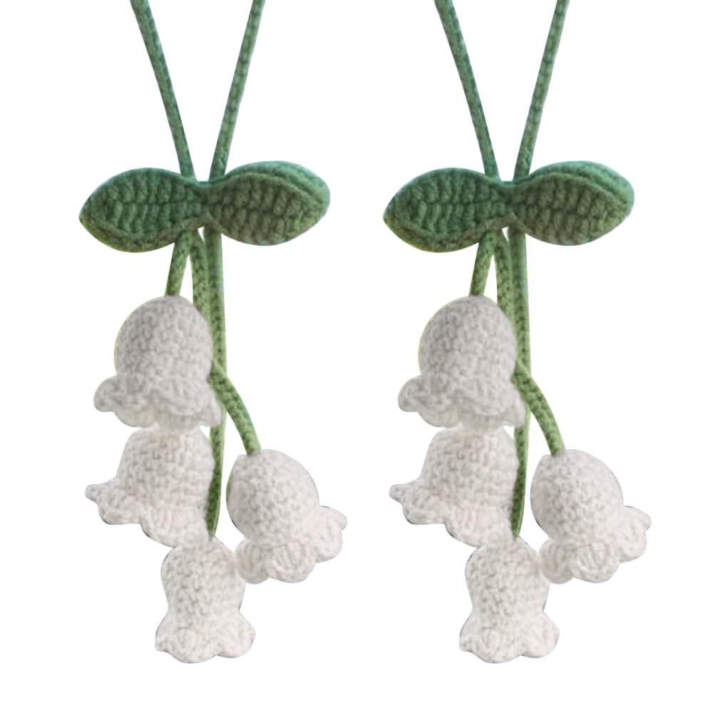 Dongker White Crochet Car Hanging Ornament,2Pcs Handmade Knitted Car Pendant For Car Mirror Auto Interior Decoration Accessories