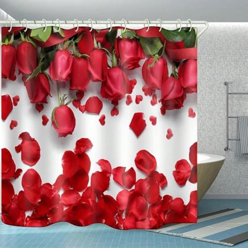 Rideau de douche tissu roses rouges pour une décoration de salle de bain