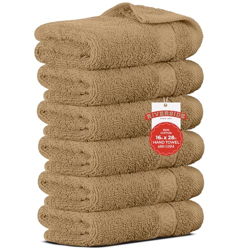RIVERSIDE 6-Pack Hand Towels, 16x28, Cotton, 600 GSM, Tan