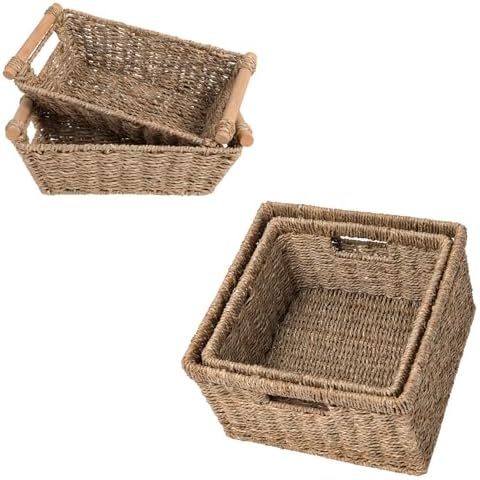 OEHID Wicker Storage Basket Seagrass Baskets with Handles, 2 Pack Wicker Small Baskets for Storage Shelves + 2 Pack Wicker Storage Baskets for Organizing Cover