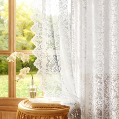 Rinwoc White Lace Semi-Sheer Curtains 2 Panels – Vintage Floral